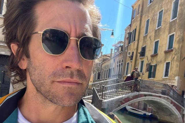 <p>Jake Gyllenhaal and his Mysterio impersonator, pictured in Venice</p>