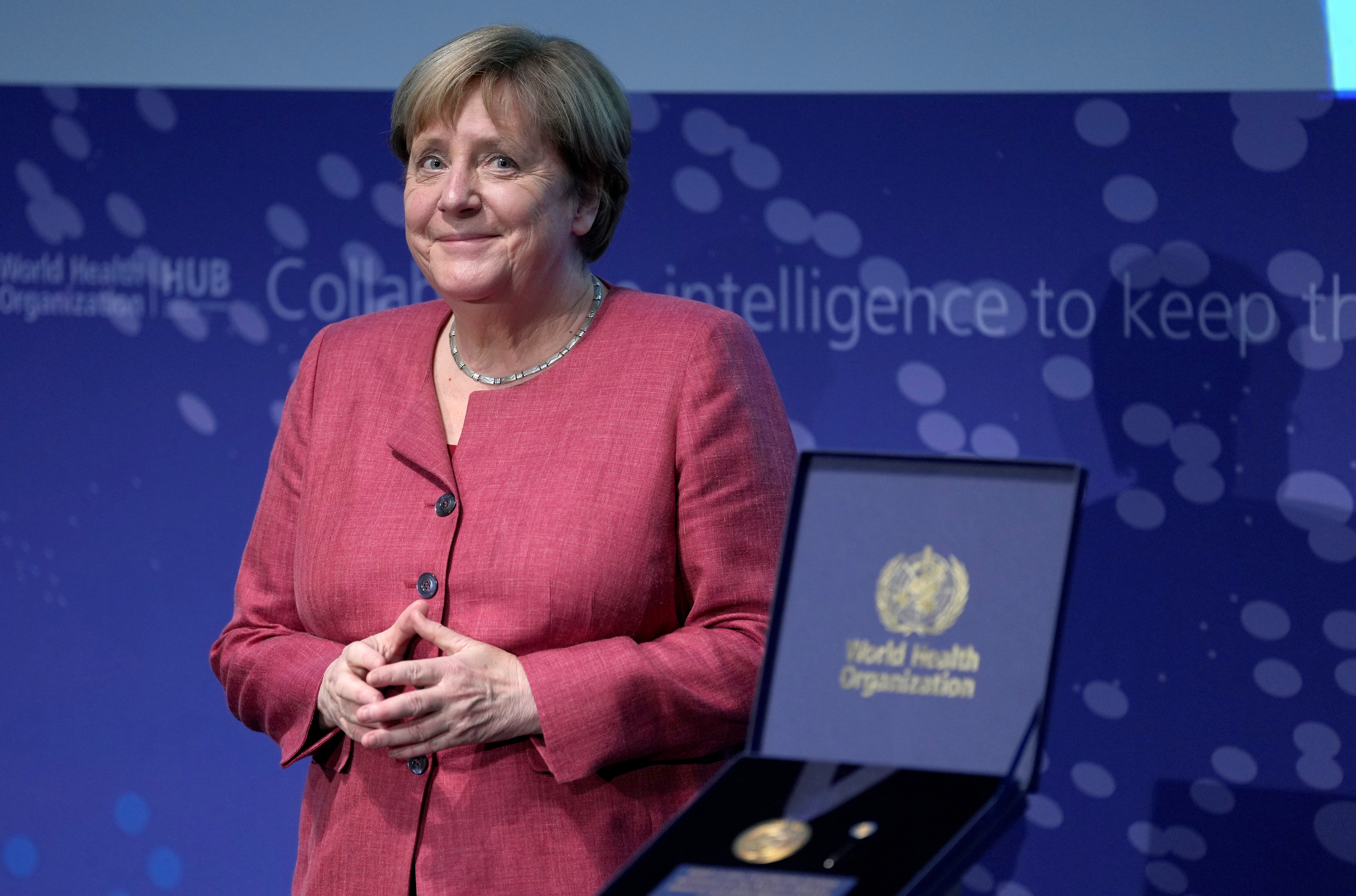 Hard act to follow: the German chancellor, Angela Merkel, smiles before she receives the World Health Organisation’s Global Leadership Award