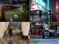 Disaster-movie like scenes of flooding in New York city subways as water comes barrelling out of carriages