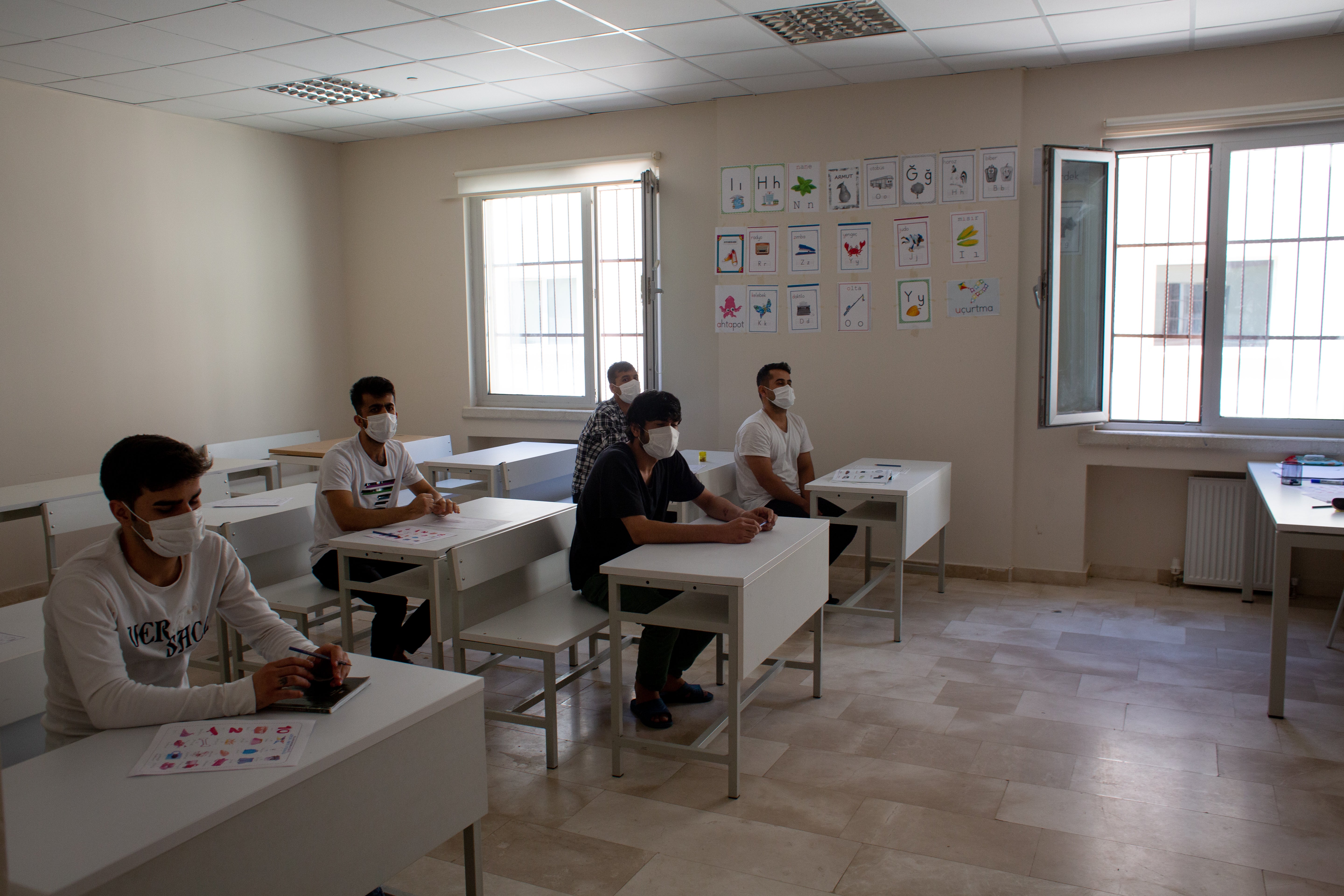 A Turkish language class in the Van deportation centre, run by the Directorate General of Migration Management, is seen during a press trip