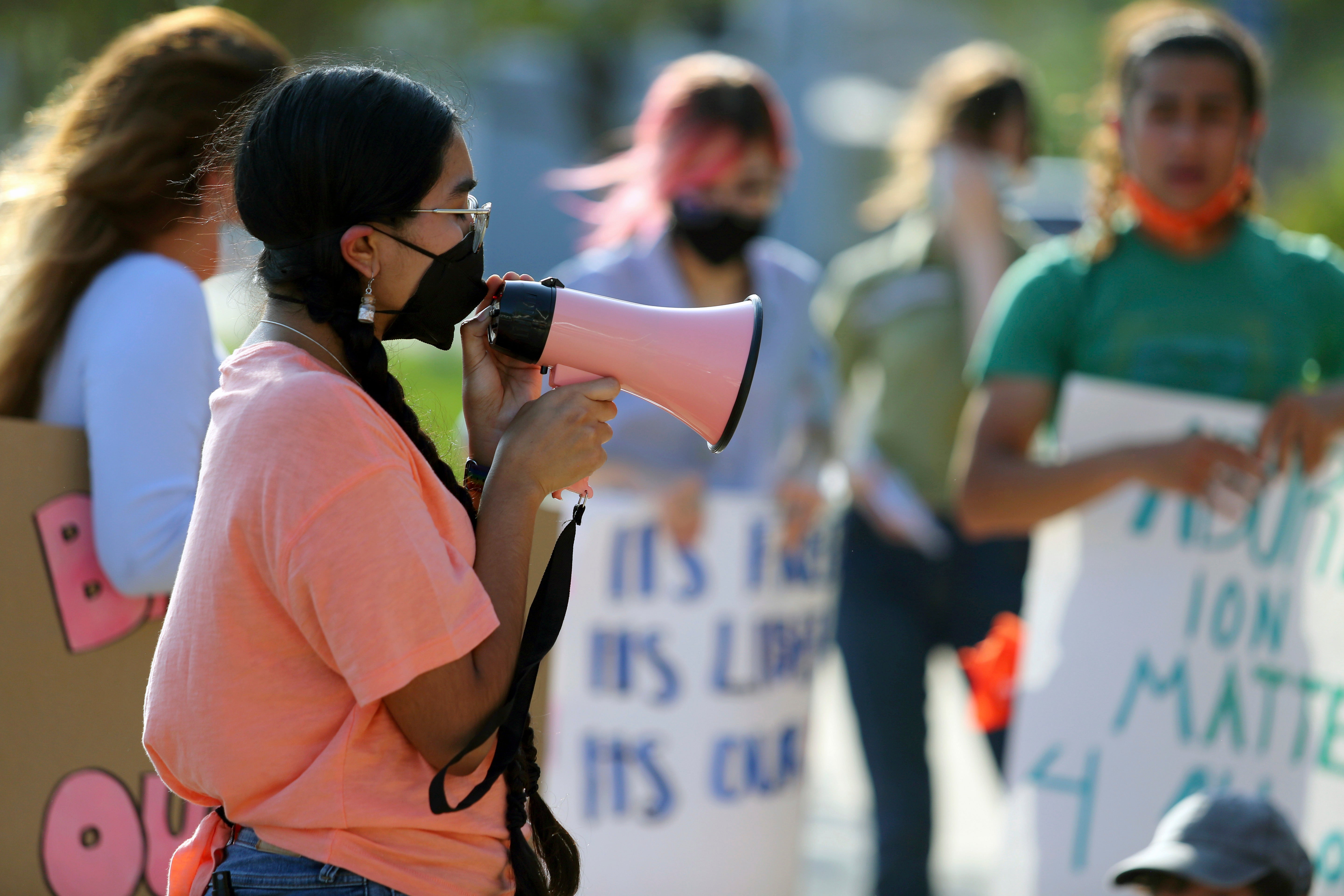 Abortion rights supporters gather to protest Texas SB 8 in front of Edinburg City Hall on Wednesday, Sept. 1, 2021, in Edinburg, Texas