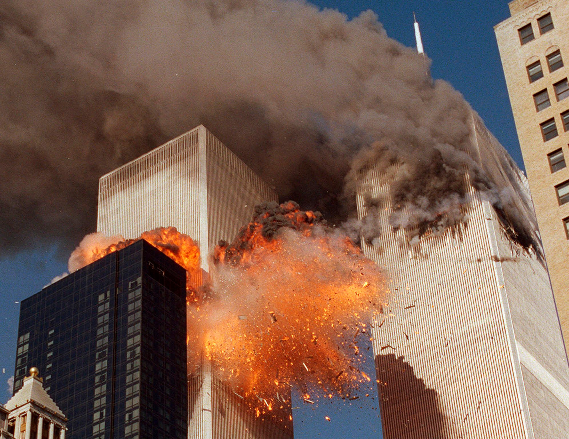 The second plane crashes into the World Trade Center on 11 September, 2001