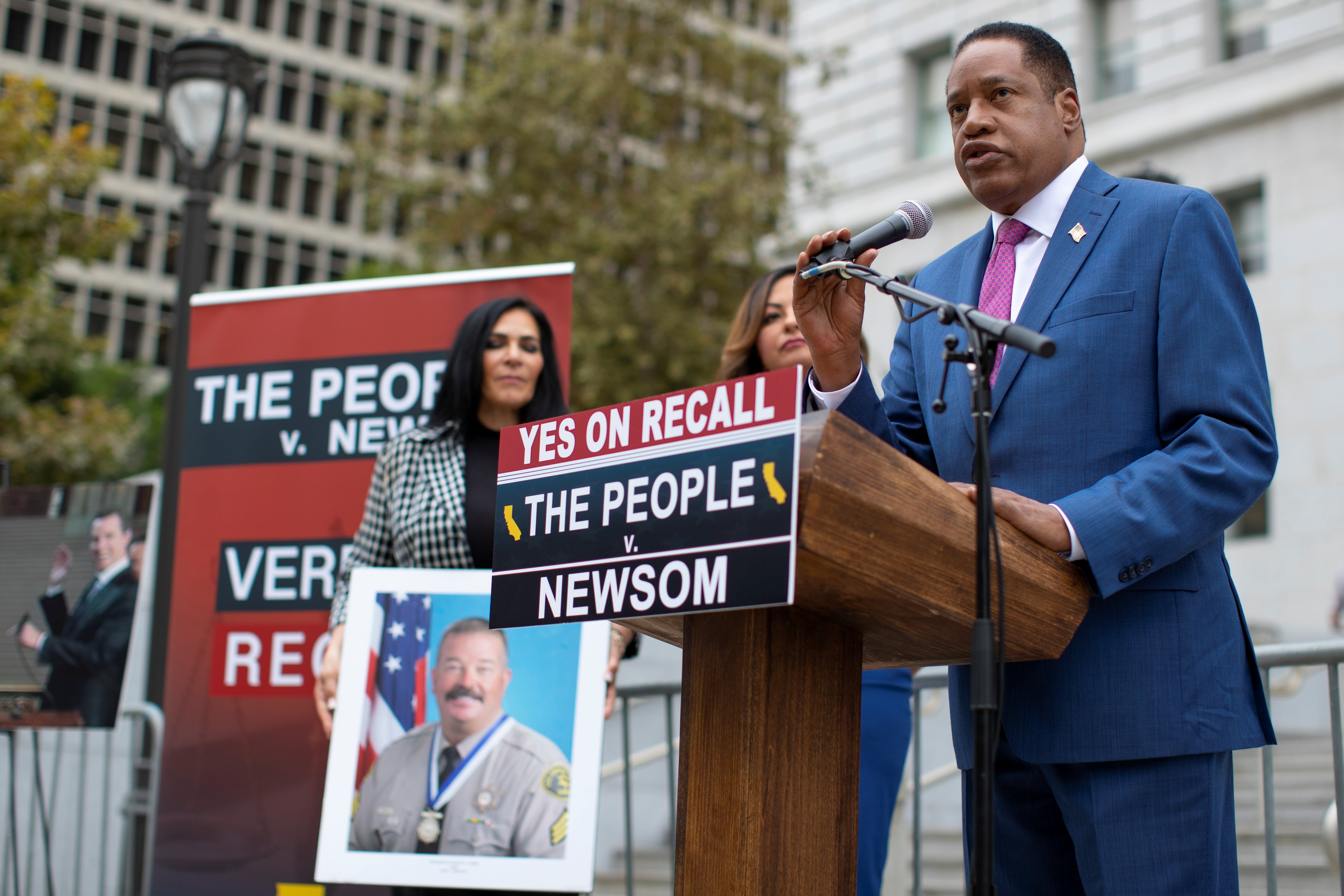 Republican gubernatorial recall candidate Larry Elder holds a news conference on crime as he campaigns against current California Governor Gavin Newsom during the recall election for California governor in Los Angeles, California, US, September 2, 2021.