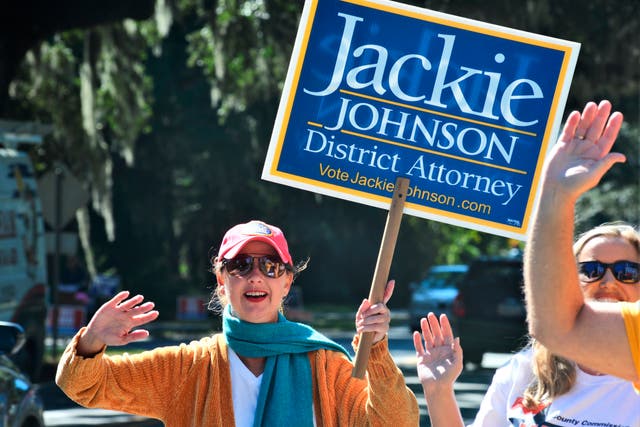 <p>File: District attorney Jackie Johnson campaigns for reelection on St Simon Island in November 2020</p>