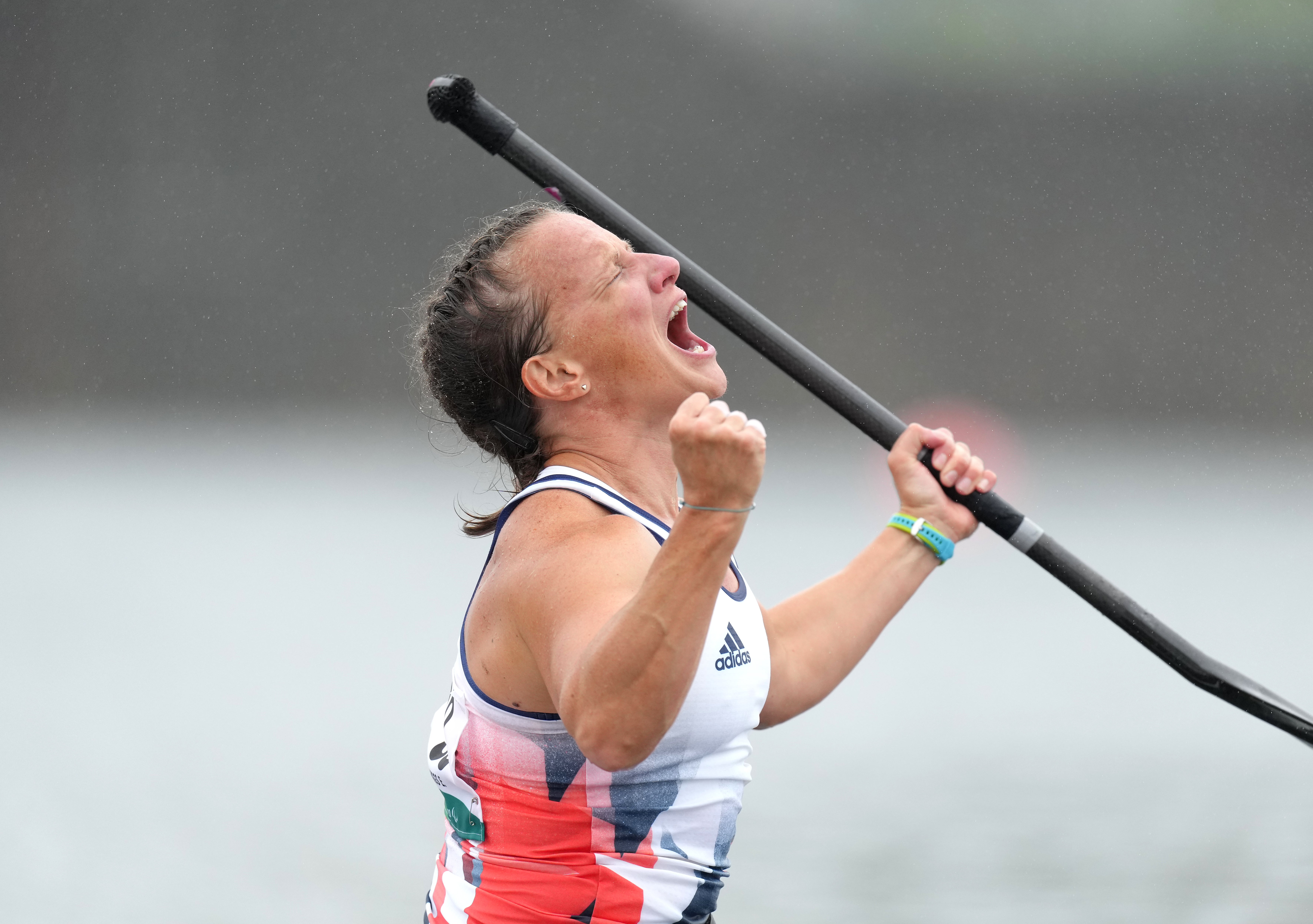 Great Britain’s Emma Wiggs celebrates winning the gold medal in the Women’s Va’a Single 200m (John Walton/PA)