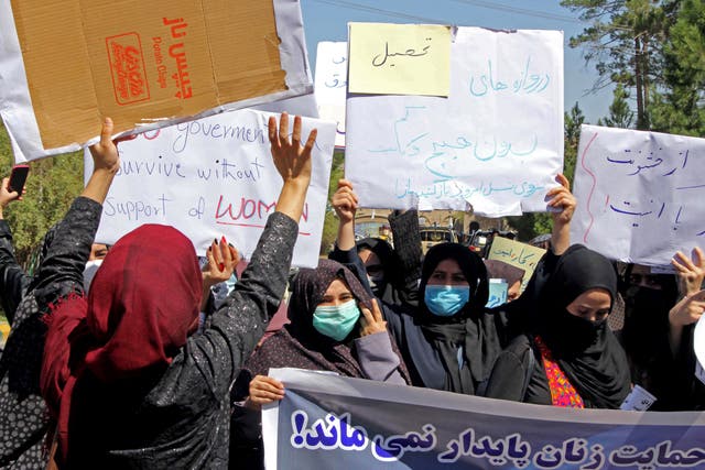 <p>Afghan women hold placards as they take part in a protest in Herat </p>