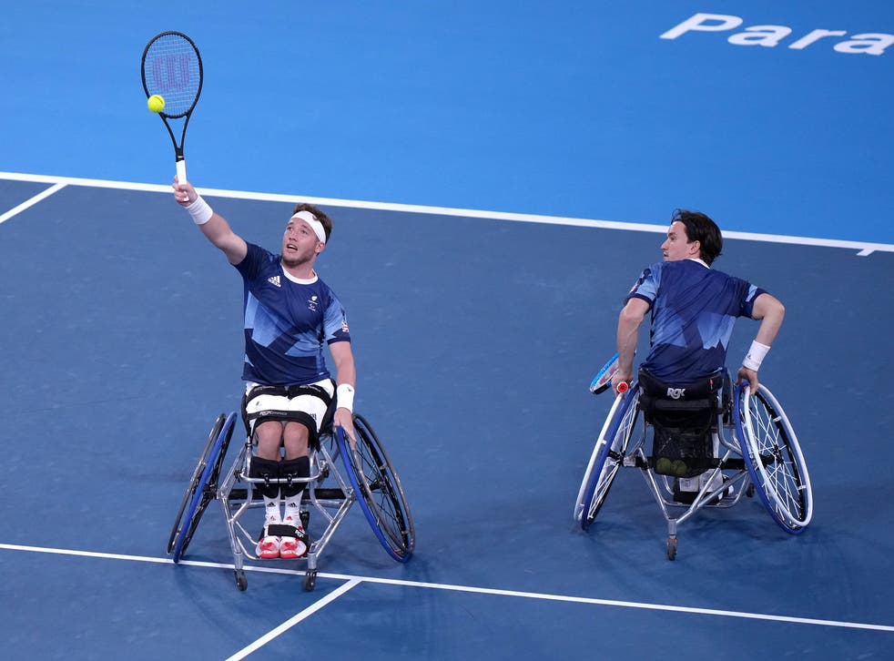 Great Britain’s Alfie Hewett (left) and Gordon Reid in action in the Men’s Doubles Gold Medal Match at the Ariake Tennis Park during day ten of the Tokyo 2020 Paralympic Games in Japan. Picture date: Friday September 3, 2021.