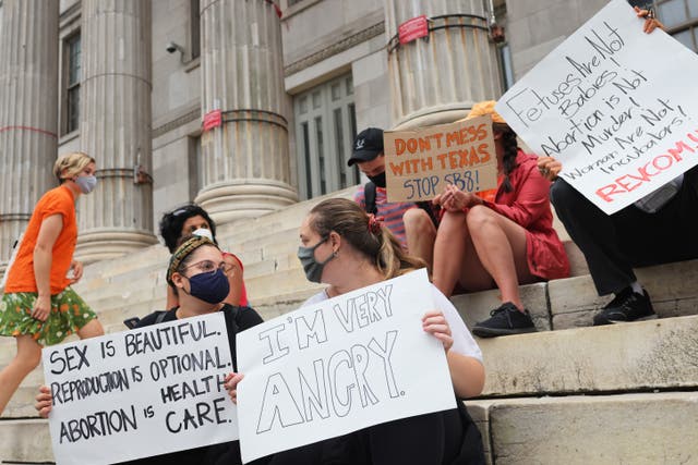 <p>People gather for a reproductive rights rally at Brooklyn Borough Hall on 1 September 2021 in Brooklyn, New York</p>