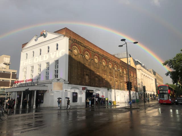 <p>Empty quarter: a street corner in Waterloo, London, with a rainbow but no tourists</p>