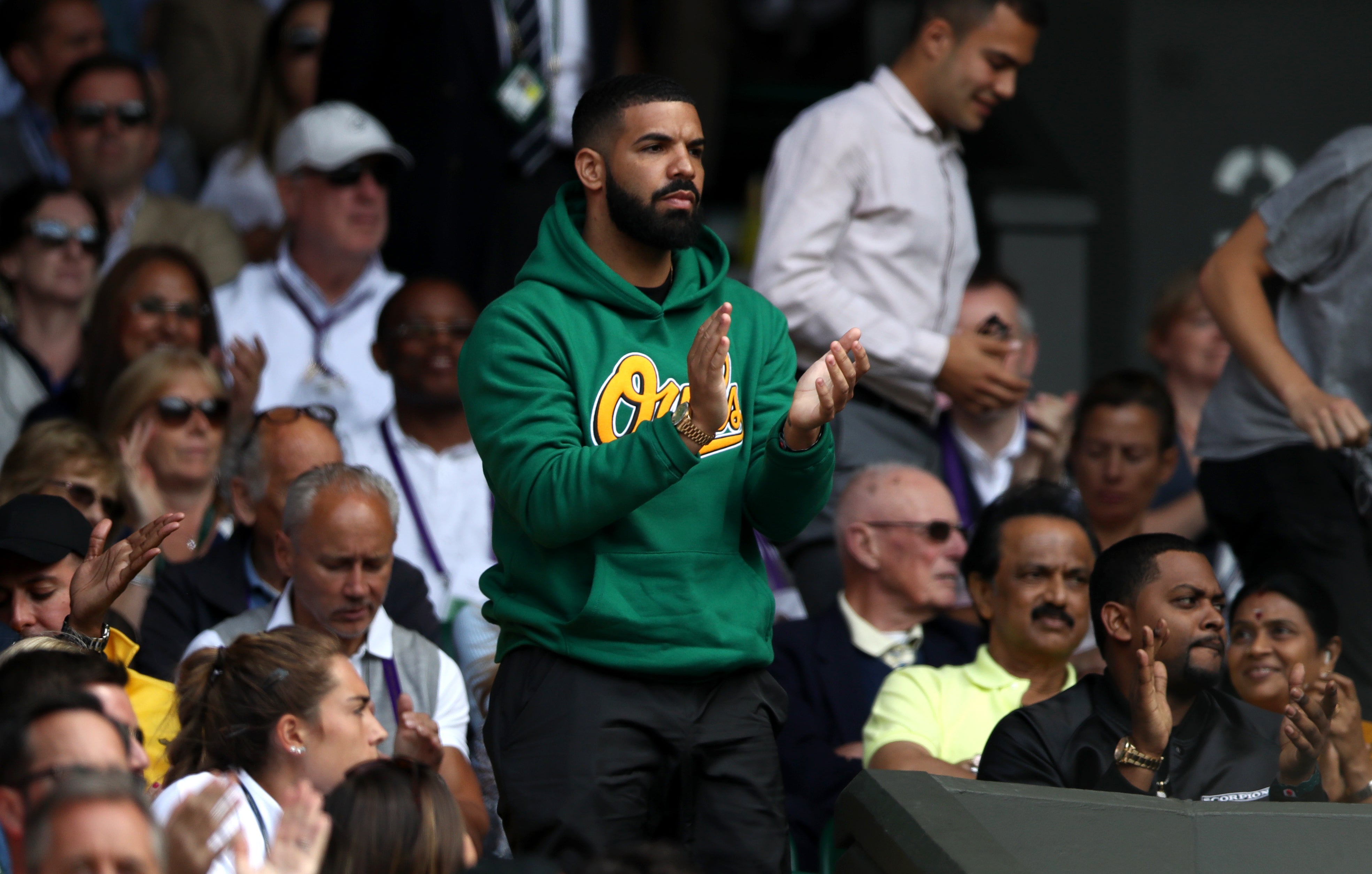 Drake on centre court watching Serena Williams in action at Wimbledon 2018 (John Walton/PA)