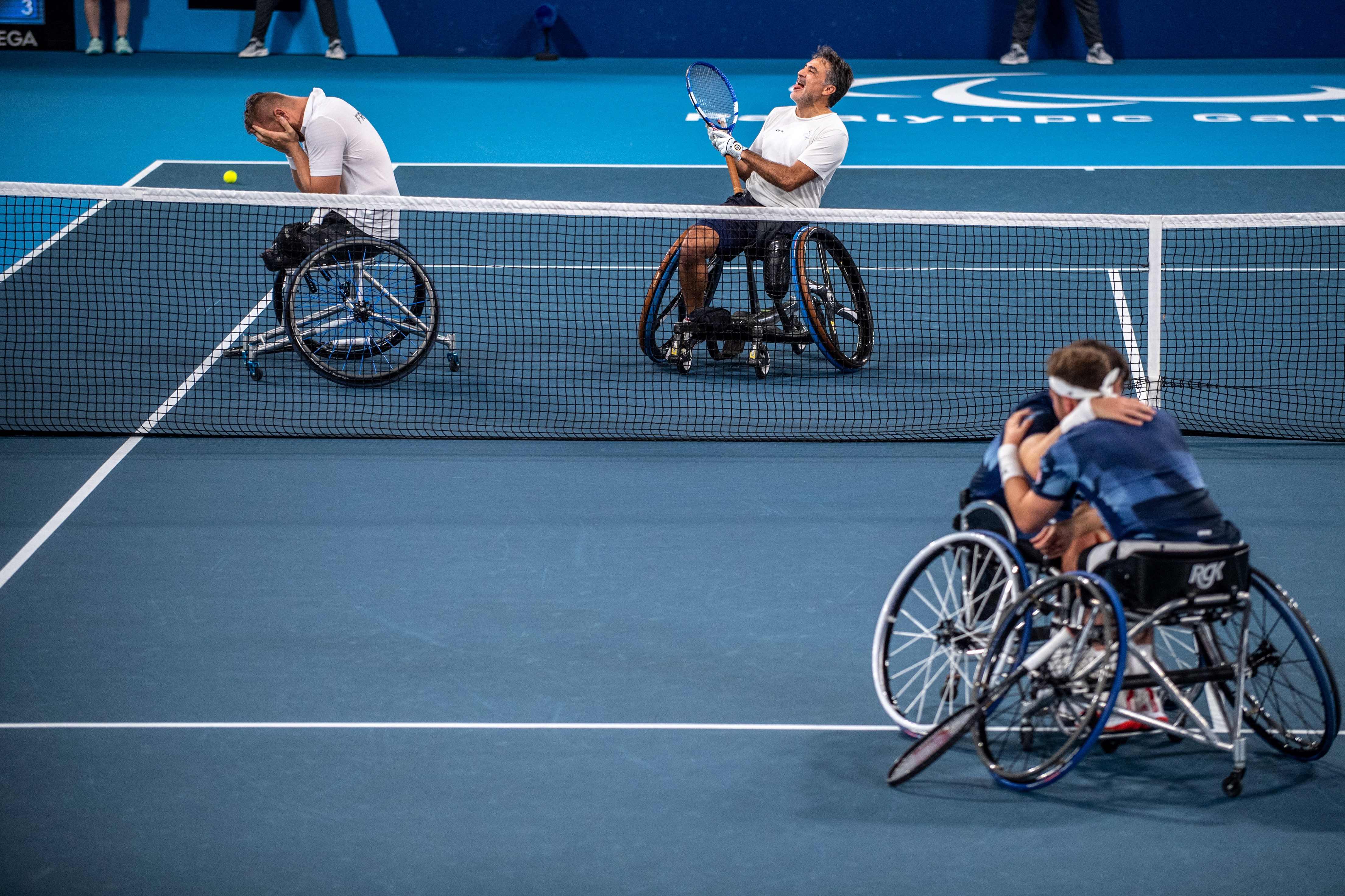<p>The winning French duo celebrate as British pair Alfie Hewett and Gordon Reid  console each other</p>