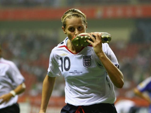 <p>Kelly Smith scores for England at the 2007 World Cup</p>