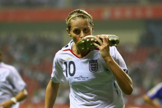 <p>Kelly Smith scores for England at the 2007 World Cup</p>