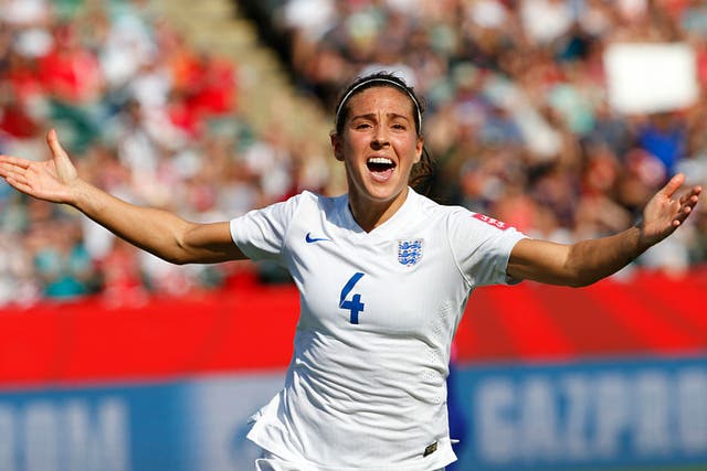 <p>Fara Williams celebrates scoring for England at the 2015 World Cup</p>