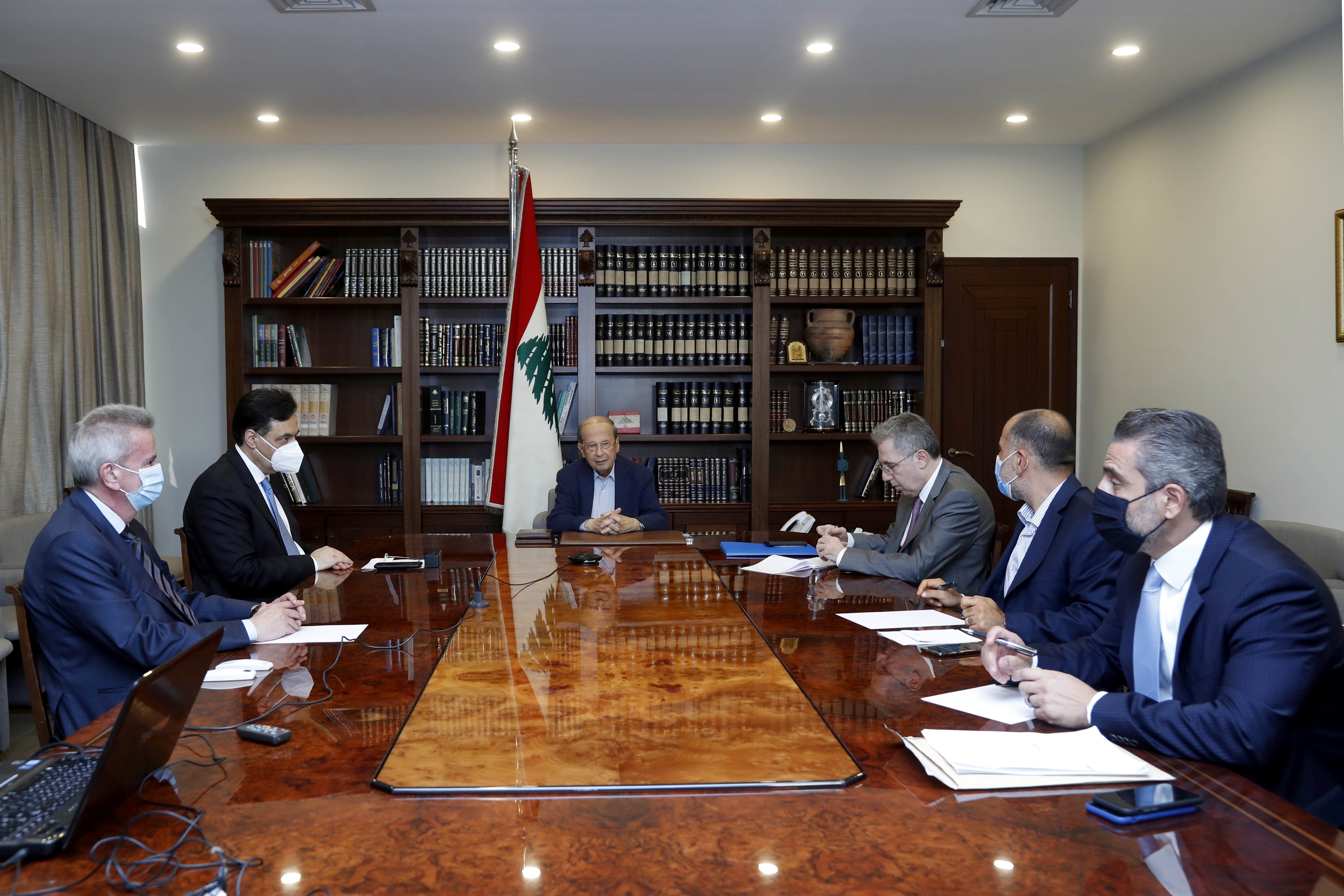 Lebanon's President Michel Aoun heads a meeting at the presidential palace in Baabda