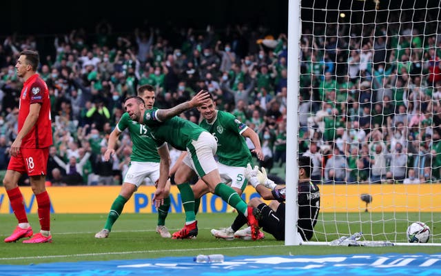 Shane Duffy celebrates scoring Ireland’s equaliser (Niall Carson/PA)