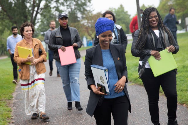 <p>Rep. Ilhan Omar walks her progressive congressional allies and Minnesota State Representative Mary Kunesh-Podein to a press conference about the Enbridge Line 3 oil pipeline at Boom Island Park in Minneapolis on Friday, Sept. 3, 2021. (Evan Frost/Minnesota Public Radio via AP)</p>