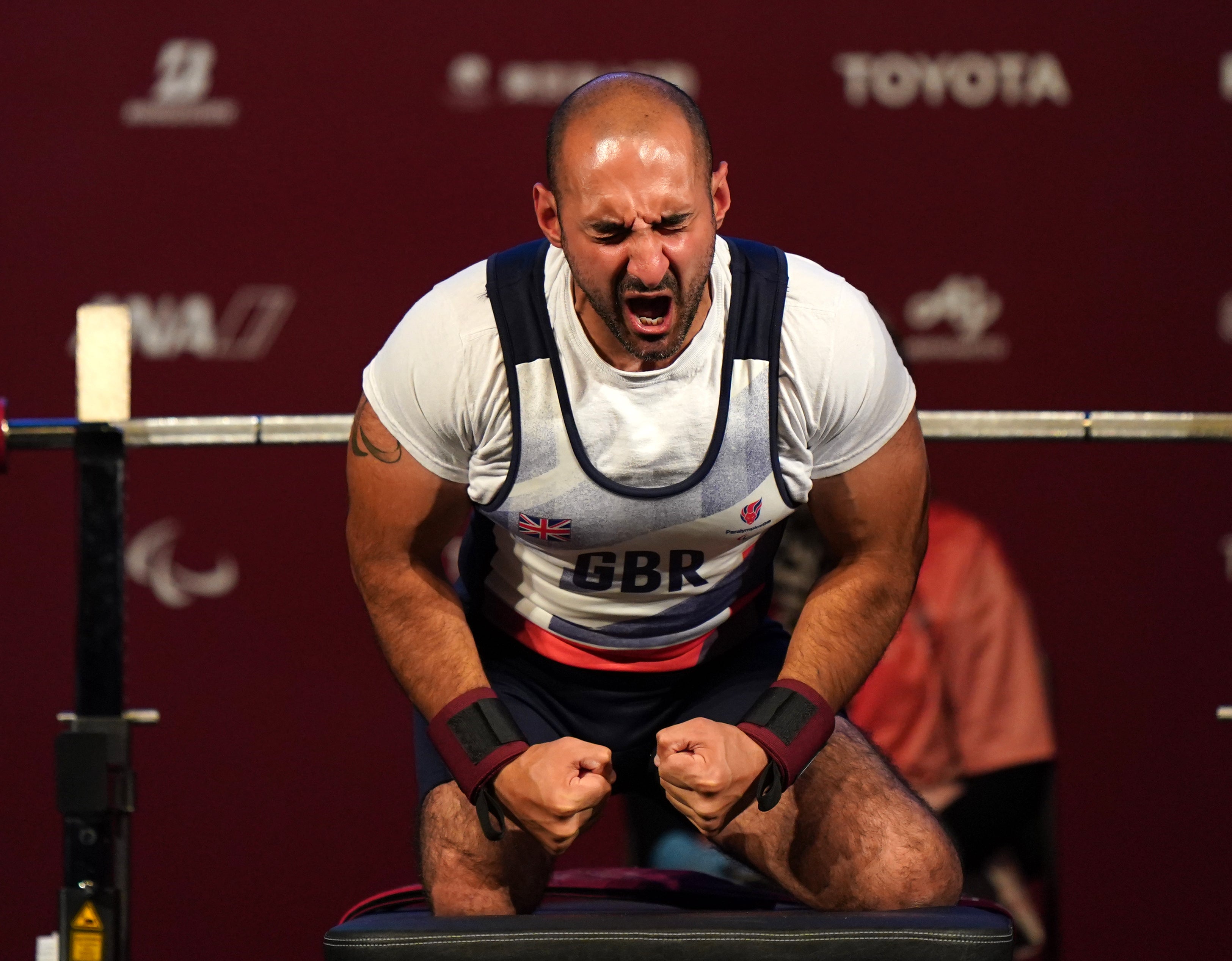 Great Britain’s Ali Jawad celebrates after the second lift in the men’s -59 kg final where he placed sixth (Tim Goode/PA)