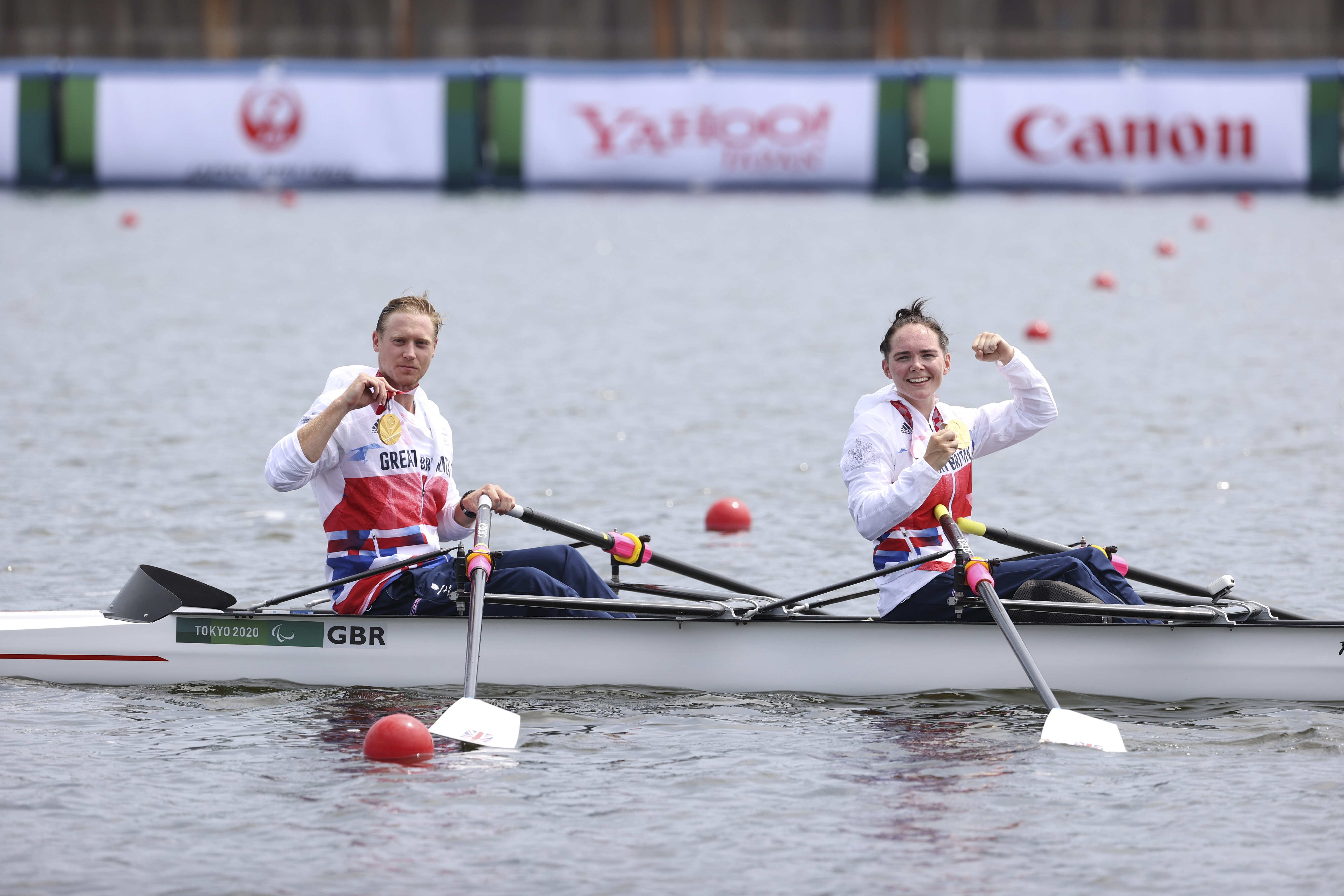Laurence Whiteley, left, won rowing gold on his 30th birthday, alongside Lauren Rowles (ParalympicsGB/imagecomms/PA)
