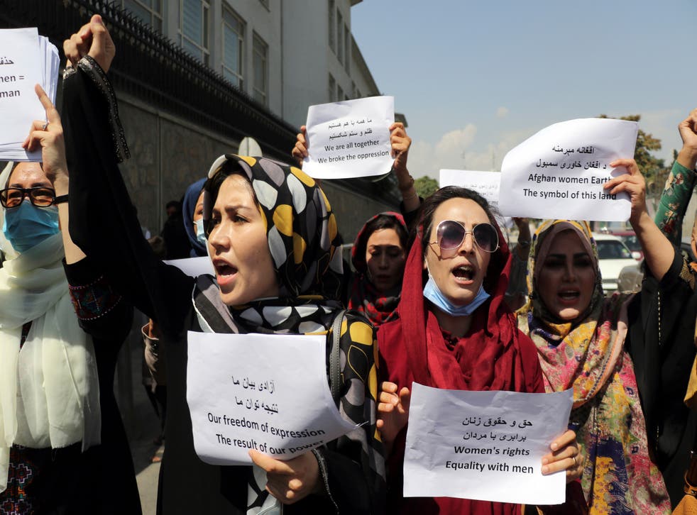 <p>Women gather to demand their rights under the Taliban rule during a protest in Kabul, Afghanistan.</p>