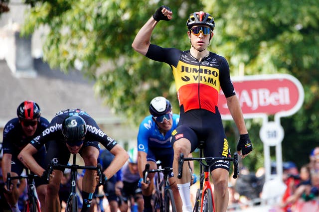 Team Jumbo-Visma’s Wout Van Aert celebrates victory on the first stage of the Tour of Britain (Ben Birchall/PA)