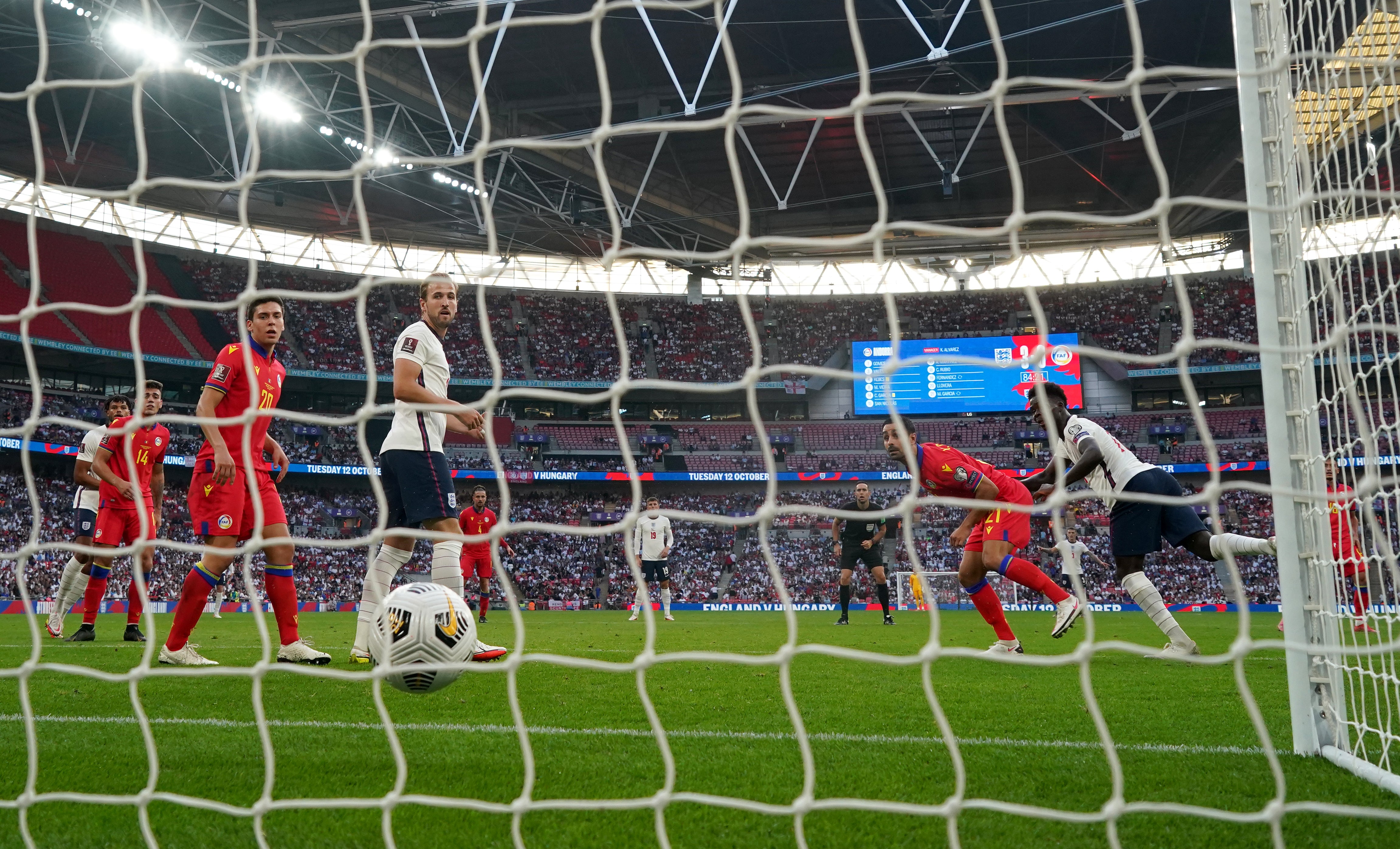 Bukayo Saka heads home England’s fourth goal at Wembley on Sunday