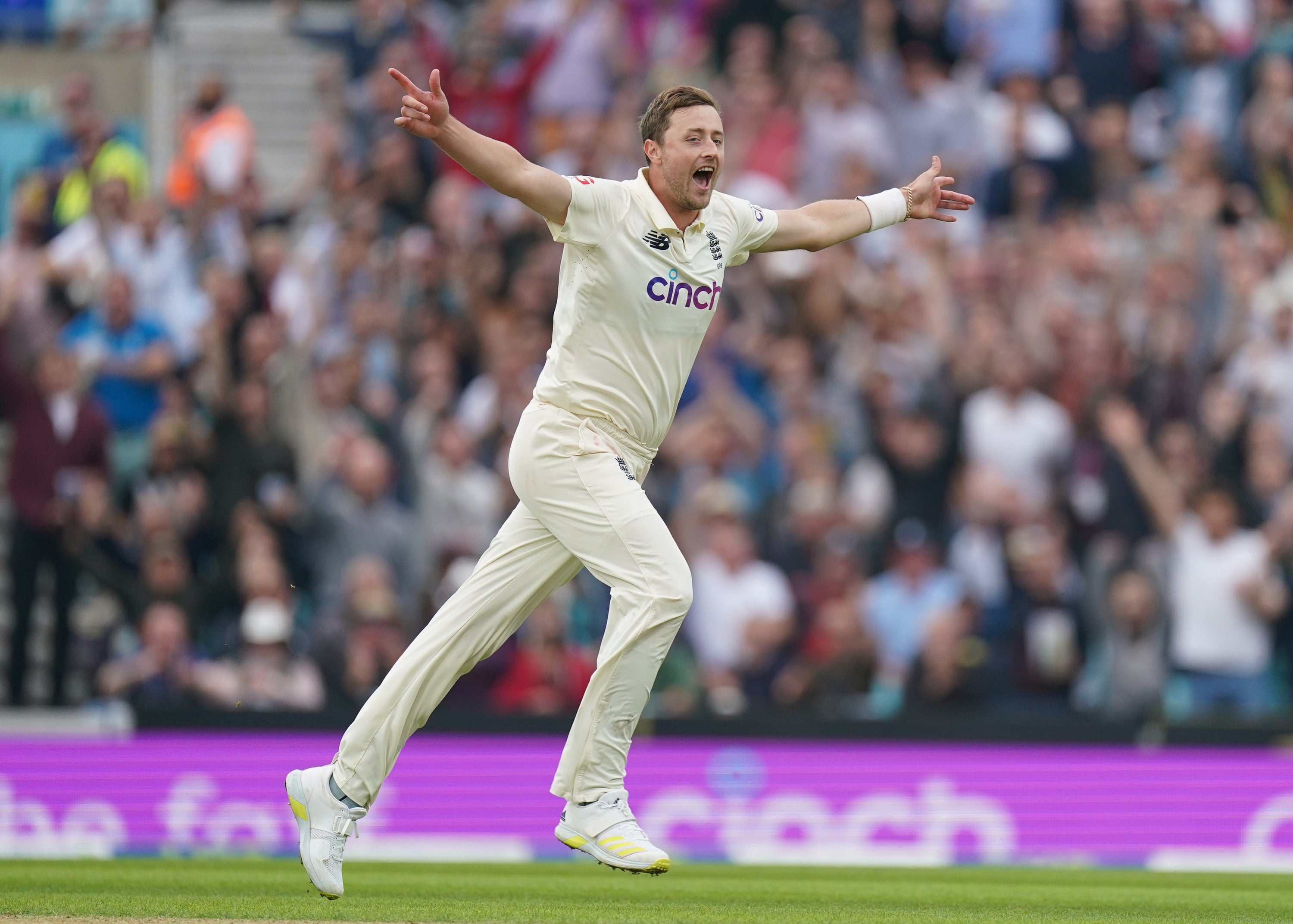 Ollie Robinson celebrates taking a wicket against India at the Oval on Sunday (Adam Davy/PA)