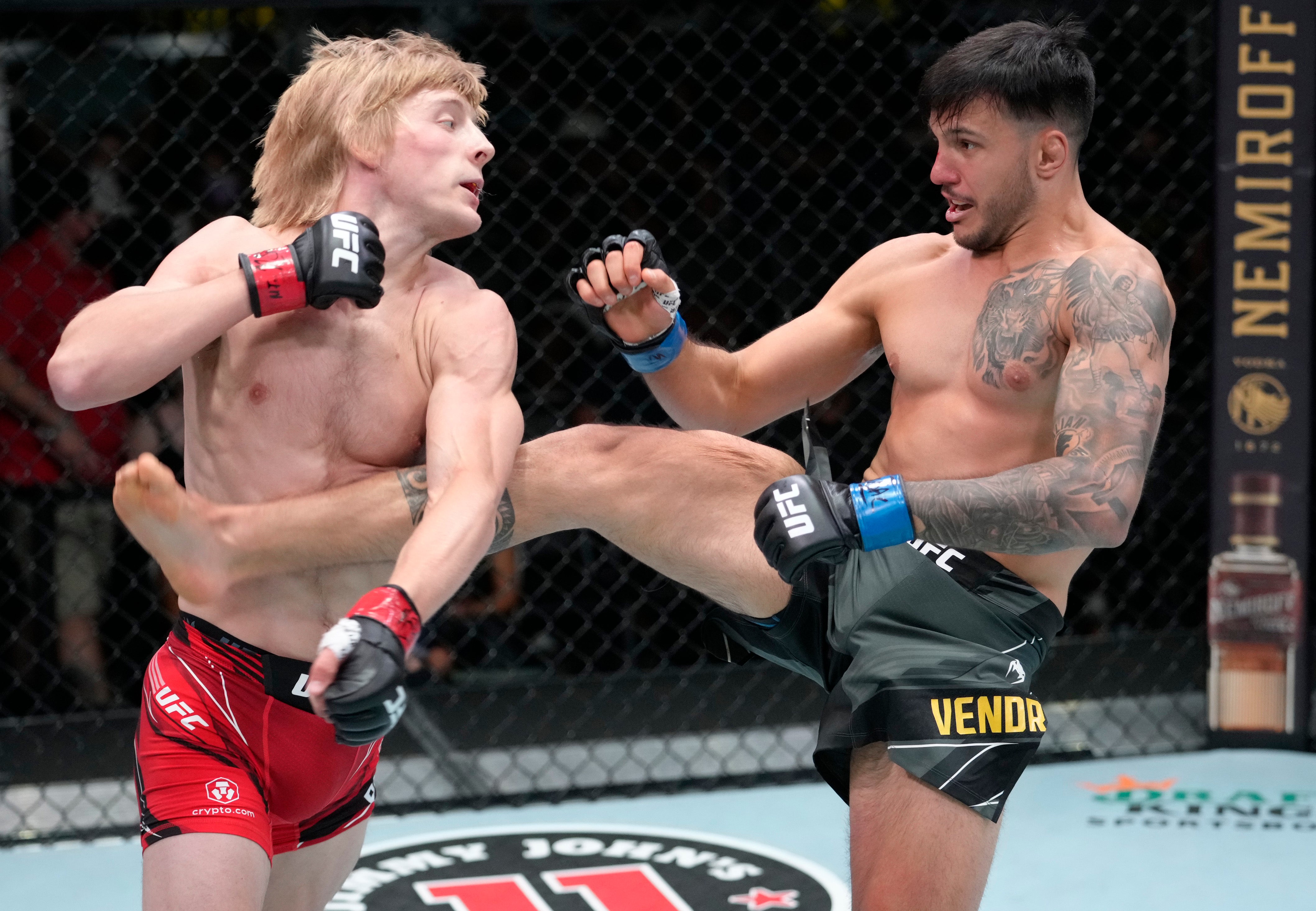 Liverpool’s Paddy Pimblett (left) won his UFC debut via first-round knockout