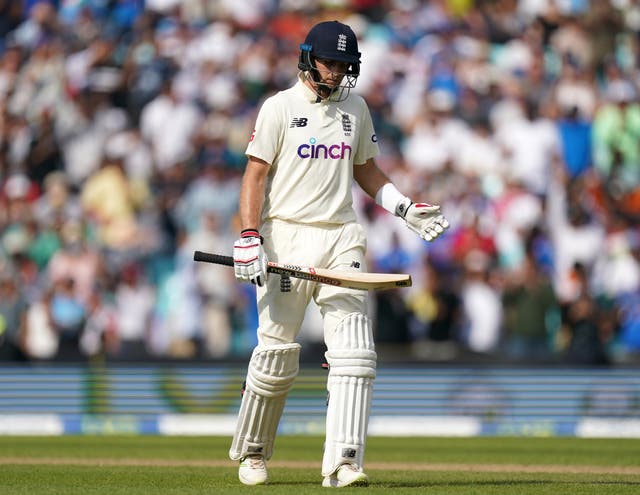 <p>England’s Joe Root reacts after being bowled out by India’s Shardul Thakur (Adam Davy/PA)</p>