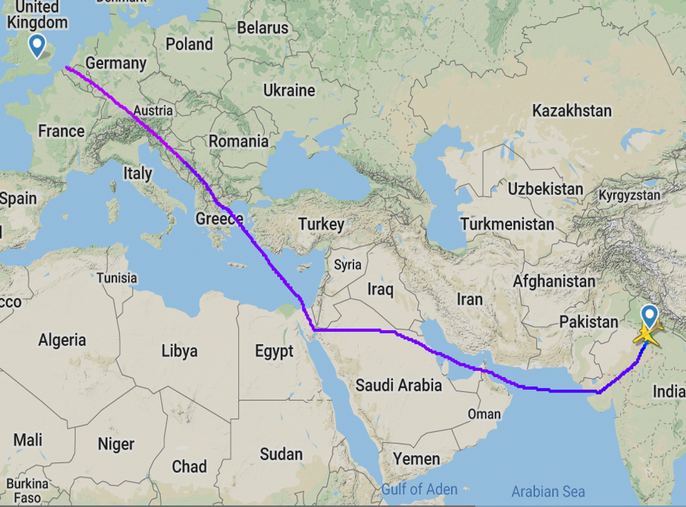 <p>Long way home: the flightpath of British Airways  flight BA256 from Delhi to London</p>