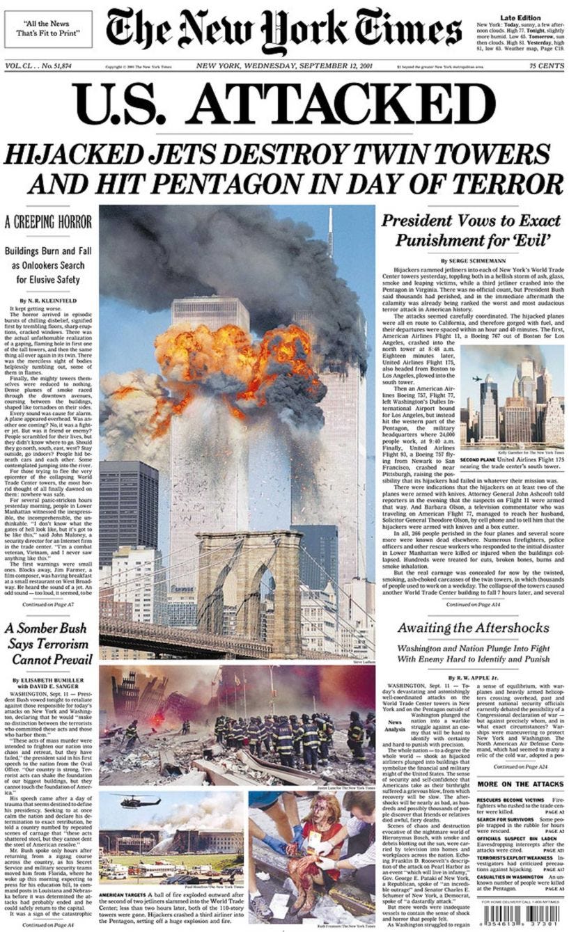 The New York Times’ front page on 12 September, 2001