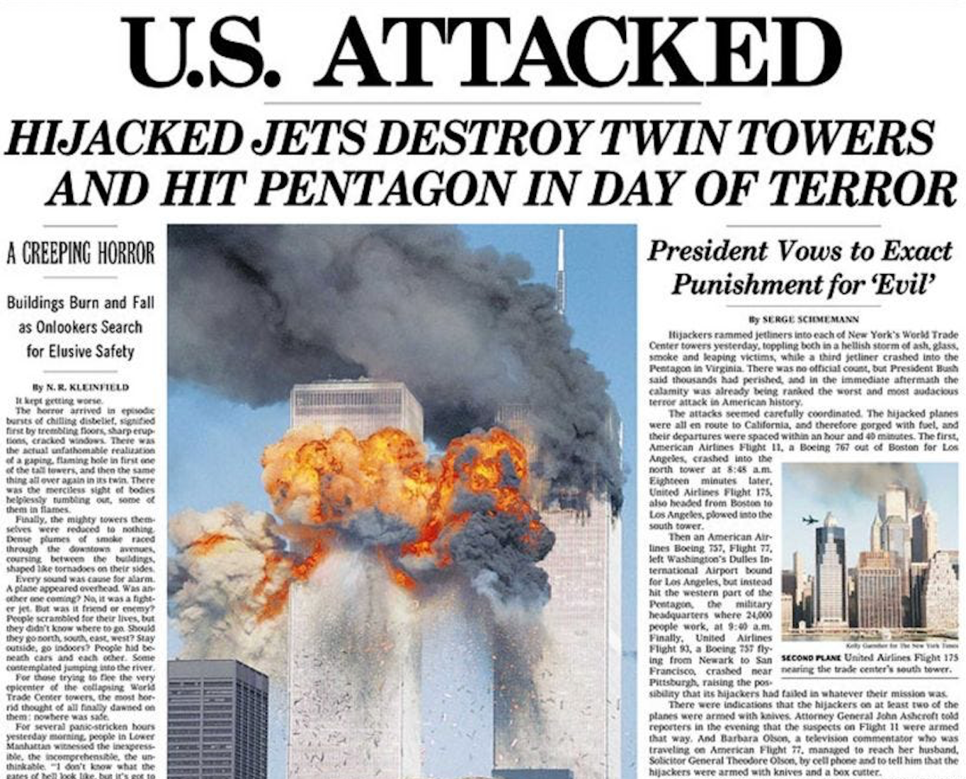 <p>The New York Times’ front page on 12 September, 2001 was crammed with photos and details of the previous day’s horror</p>
