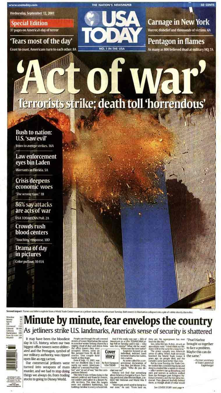 USA TODAY SEPTEMBER 12,2001-'ACT OF WAR"' NEXT DAY NEWSPAPER AFTER 9/11 