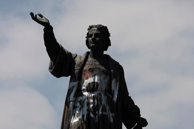 <p>A Mexico City statue of Christopher Columbus was defaced last September</p>