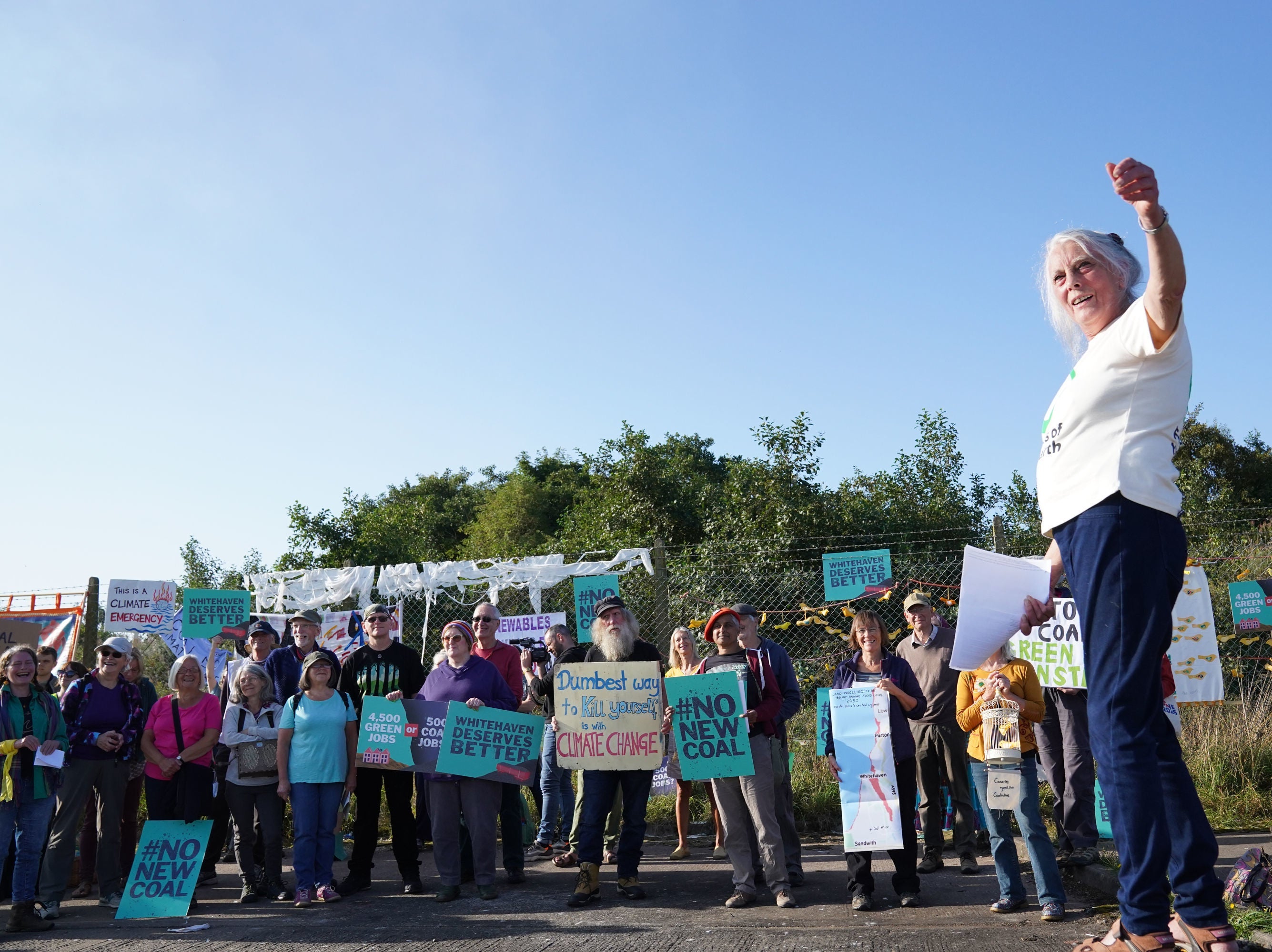 Demonstrators outside the proposed Woodhouse Colliery, south of Whitehaven, in 2021