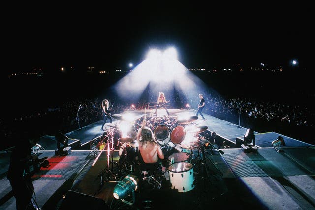 <p>Metallica (L-R) Kirk Hammett, Lars Ulrich(back to camera) James Hetfield, Jason Newsted on the Nowhere Else to Roam tour, 1993 </p>