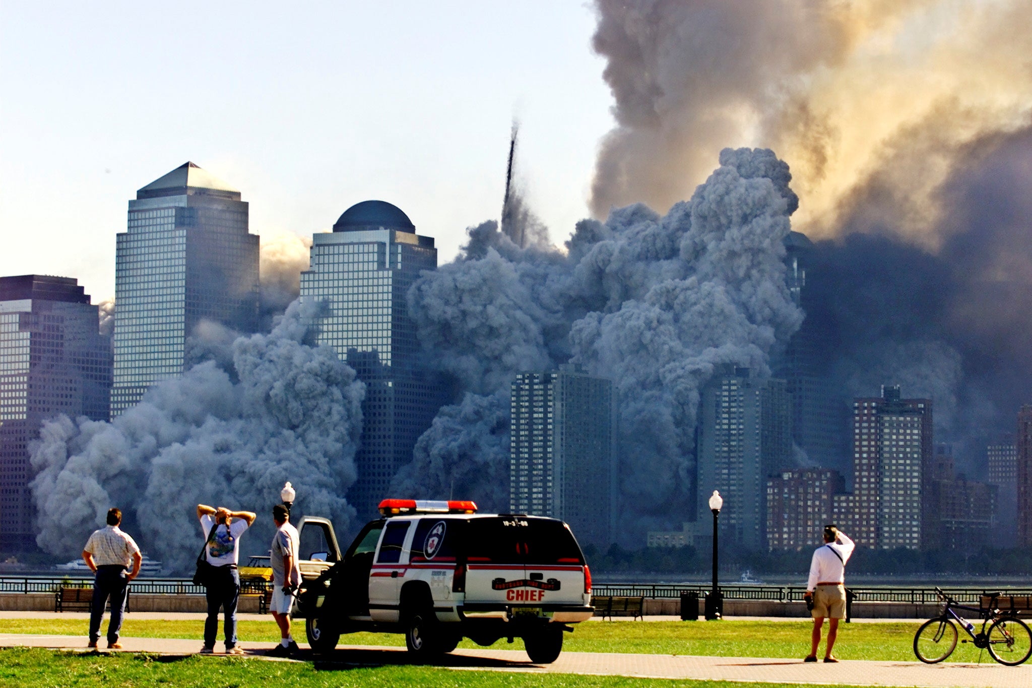 Tower 2 dissolves in a cloud of dust and debris about half an hour after the first Twin Tower collapsed