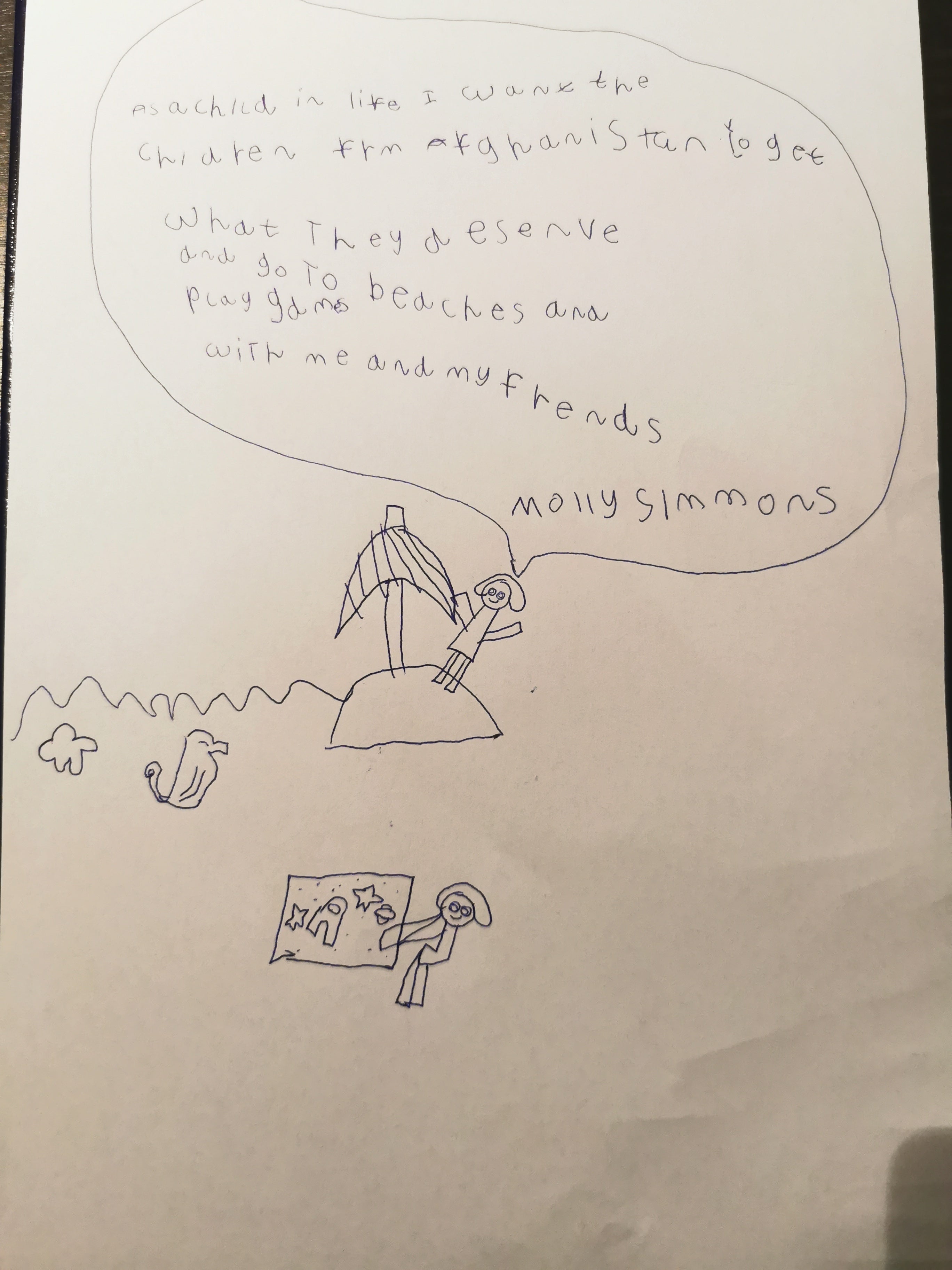 Mr. Simmon’s daughter, Molly Simmons, six, drew a picture welcoming Afghan children to the UK