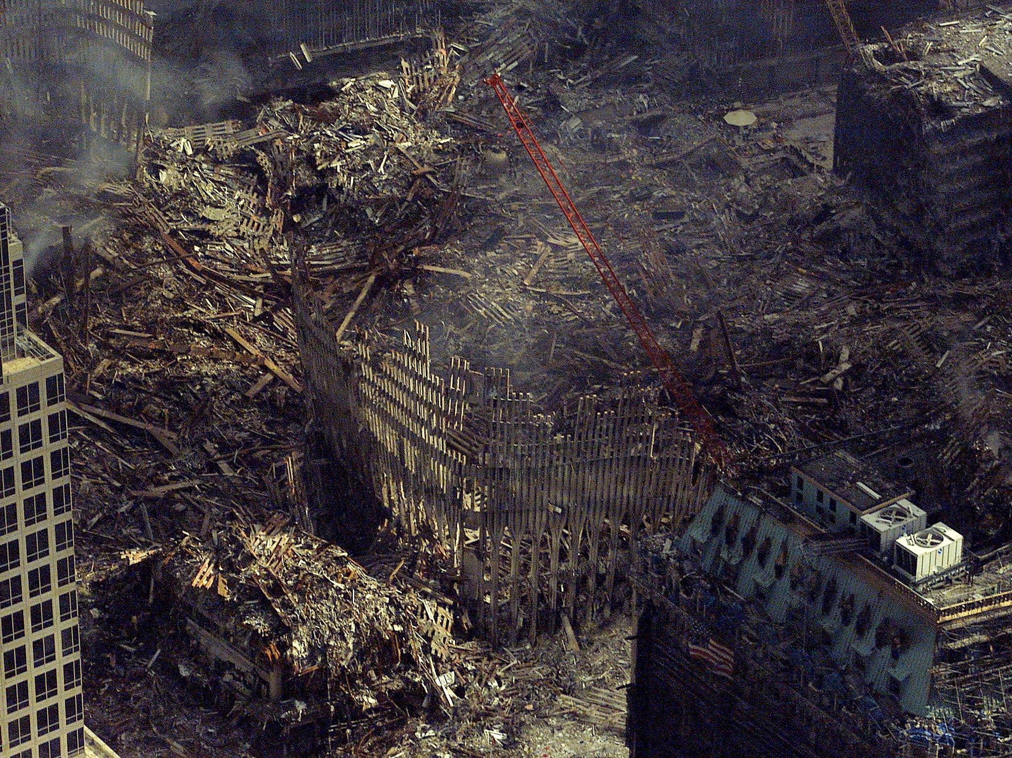 An aerial view of the remains of the World Trade Centre, more than two weeks after the attacks