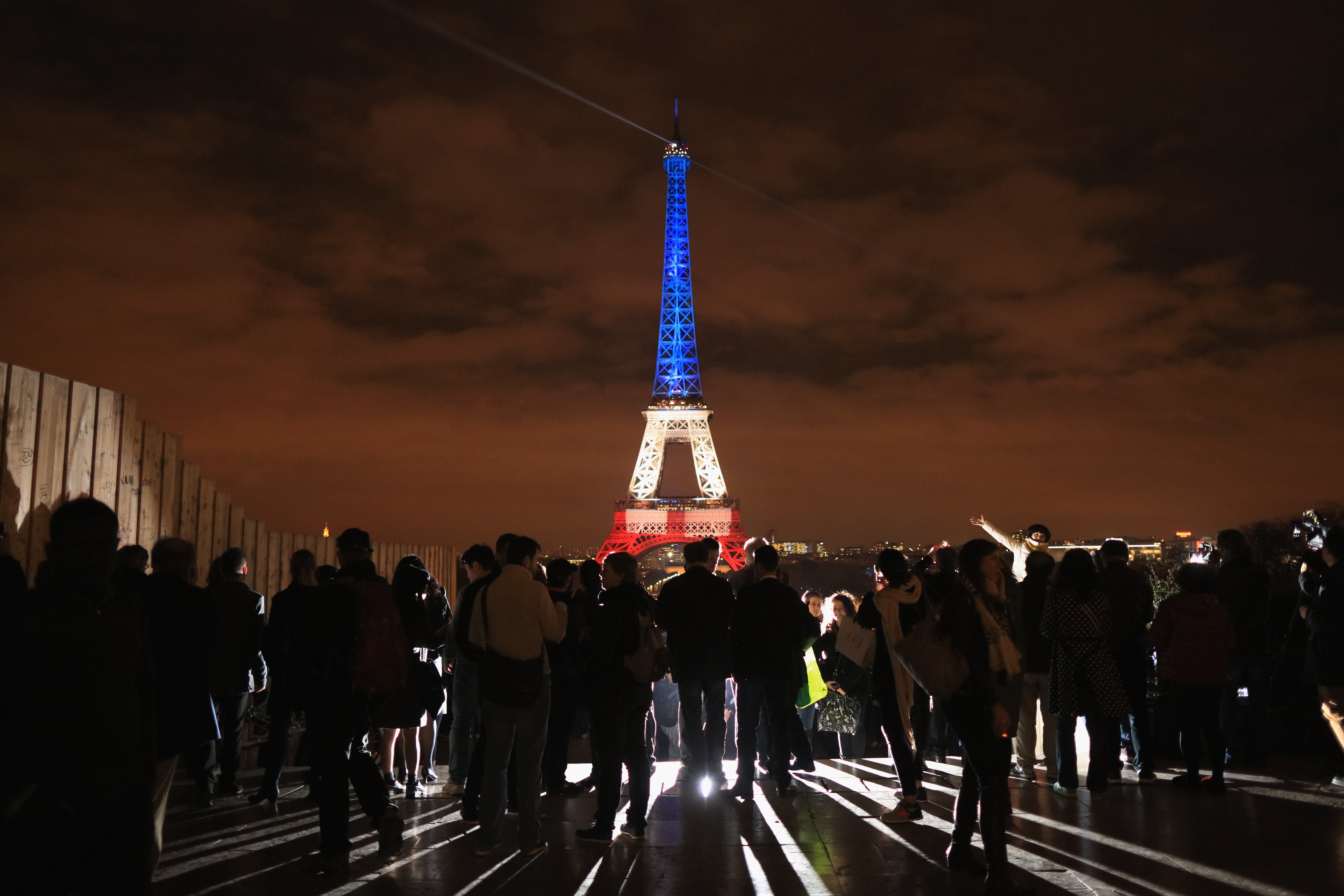 The Eiffel Tower illuminated in Red, White and Blue in honour of the victims of the November 2015 attacks