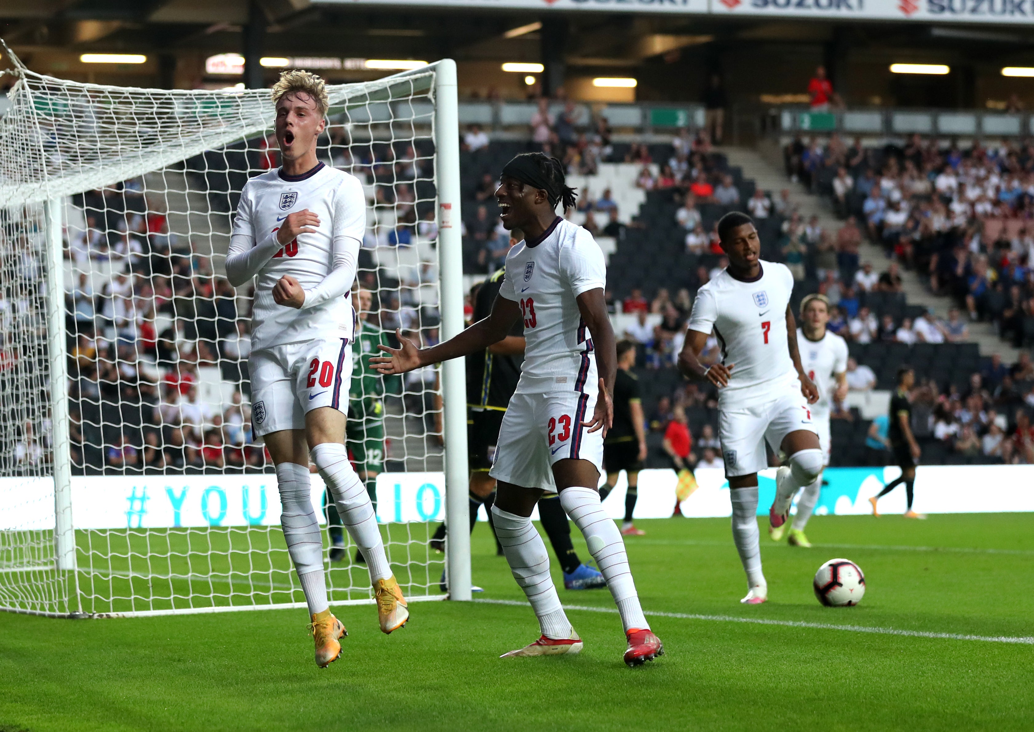 Cole Palmer celebrates his debut goal for England Under-21s (Bradley Collyer/PA).