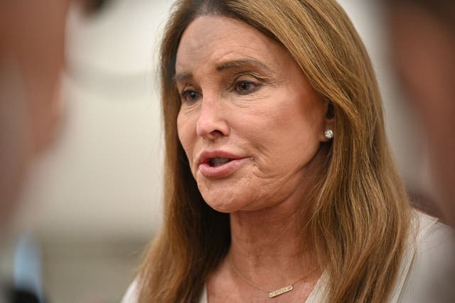 <p>Gubernatorial candidate Caitlyn Jenner speaks to reporters after a Town Hall meeting in Pasadena, California, August 28, 2021, as she campaigns to replace California Gov. Gavin Newsom in the upcoming special recall election.</p>