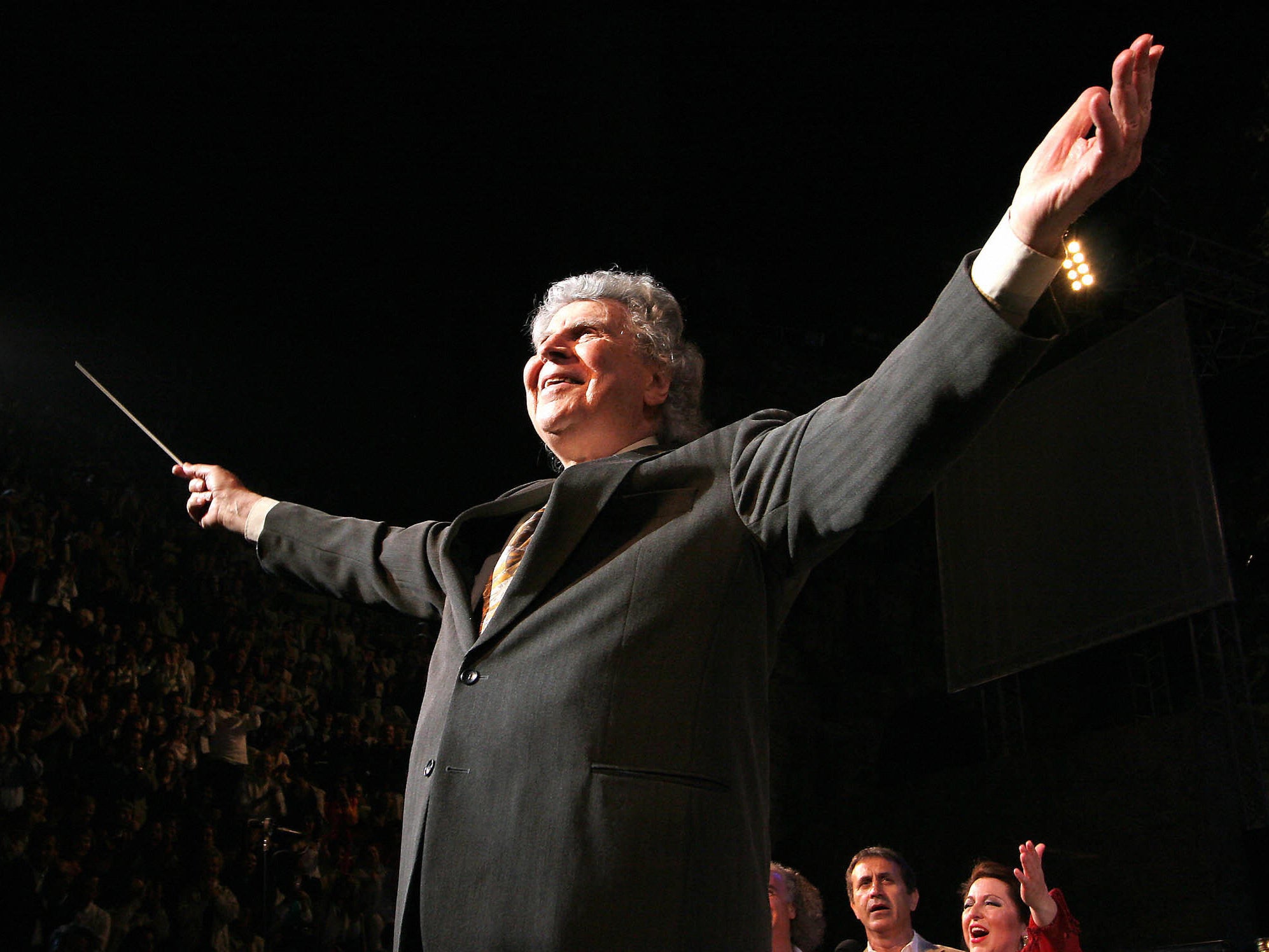Theodorakis directing his orchestra during a gala concert at the Herodes Atticus Ancient Theatre in Athens