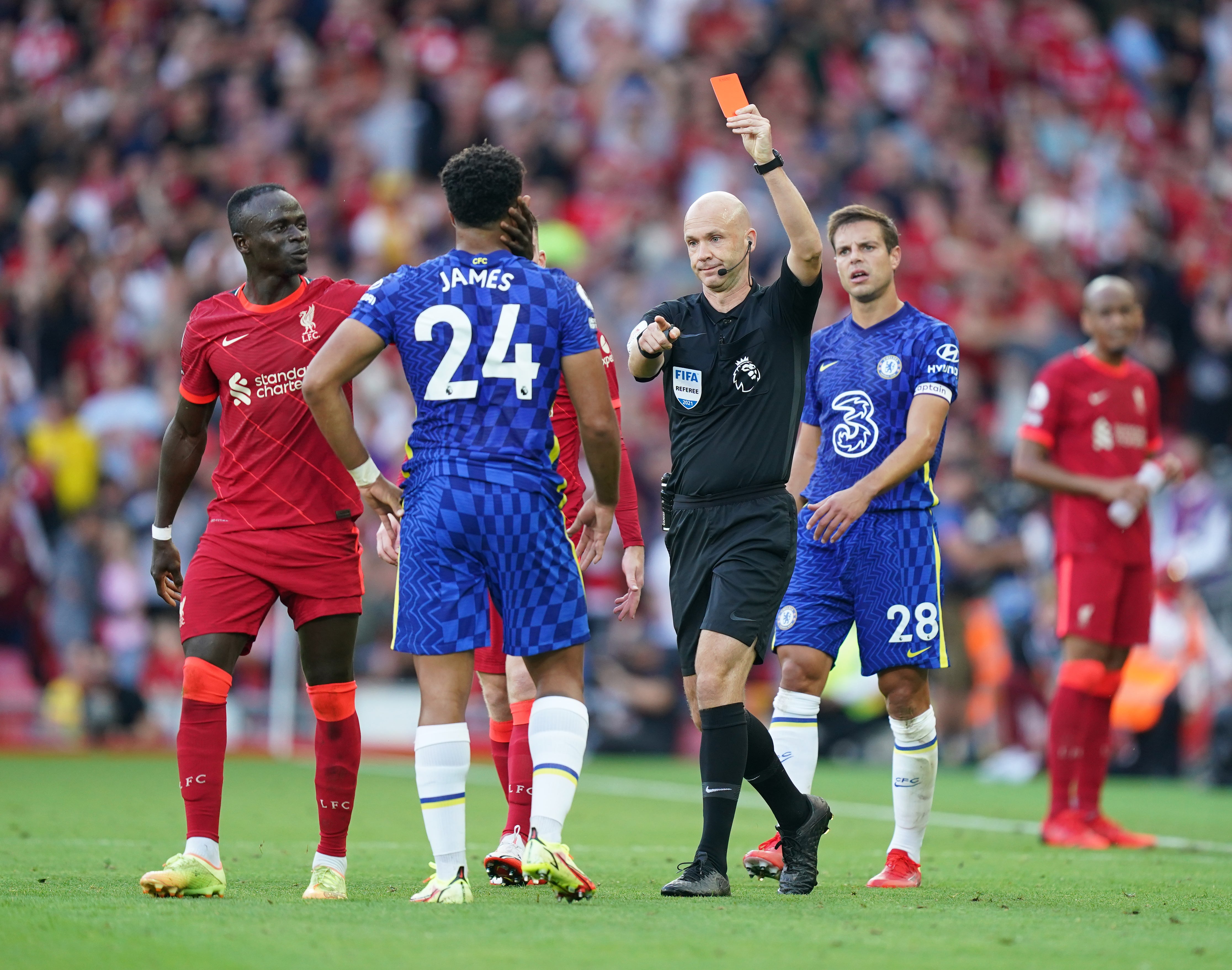 Referee Anthony Taylor sent off Chelsea defender Reece James after a handball on the goalline (Mike Egerton/PA)