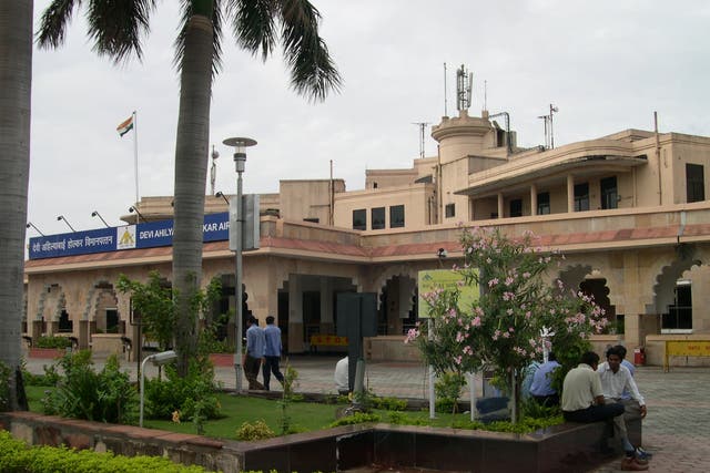<p>File image: The woman was eventually asked to leave the remains with a friend at Indore’s Devi Ahilyabai Holkar Airport (pictured)</p>