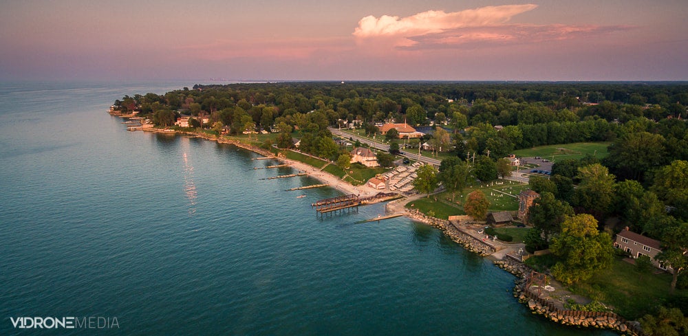 Aerial view of Veterans Park in Avon Lake, Ohio at sunset.