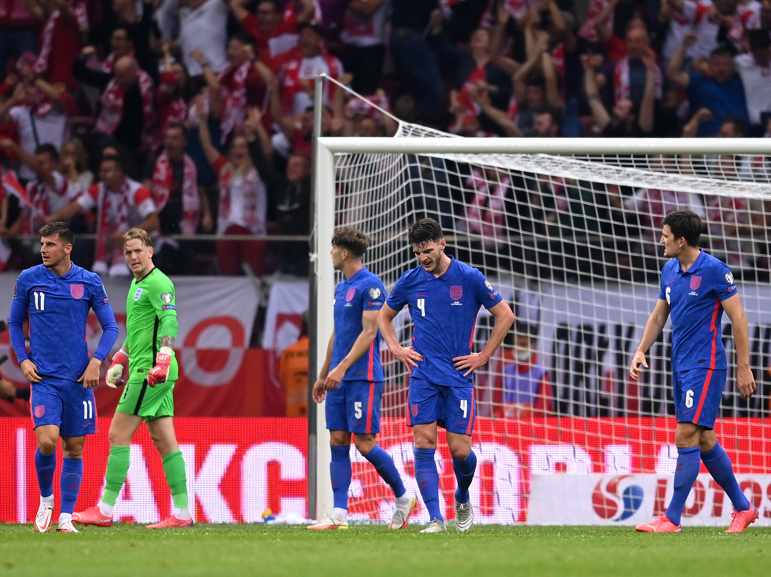 England players react to Poland’s late equaliser in Warsaw