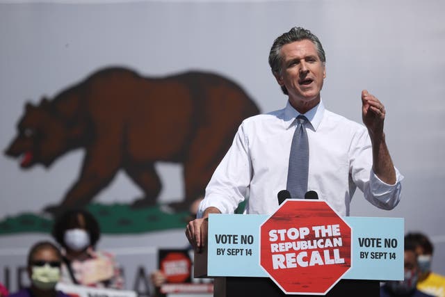 <p>California Gov. Gavin Newsom speaks during a No on the Recall campaign event with U.S. Vice President Kamala Harris at IBEW-NECA Joint Apprenticeship Training Center on September 08, 2021 in San Leandro, California</p>
