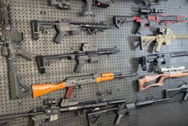 <p>Weapons allegedly found mounted in the ‘gun room’ of Brian Downey, deputy mayor of Airmont in New York State</p>
