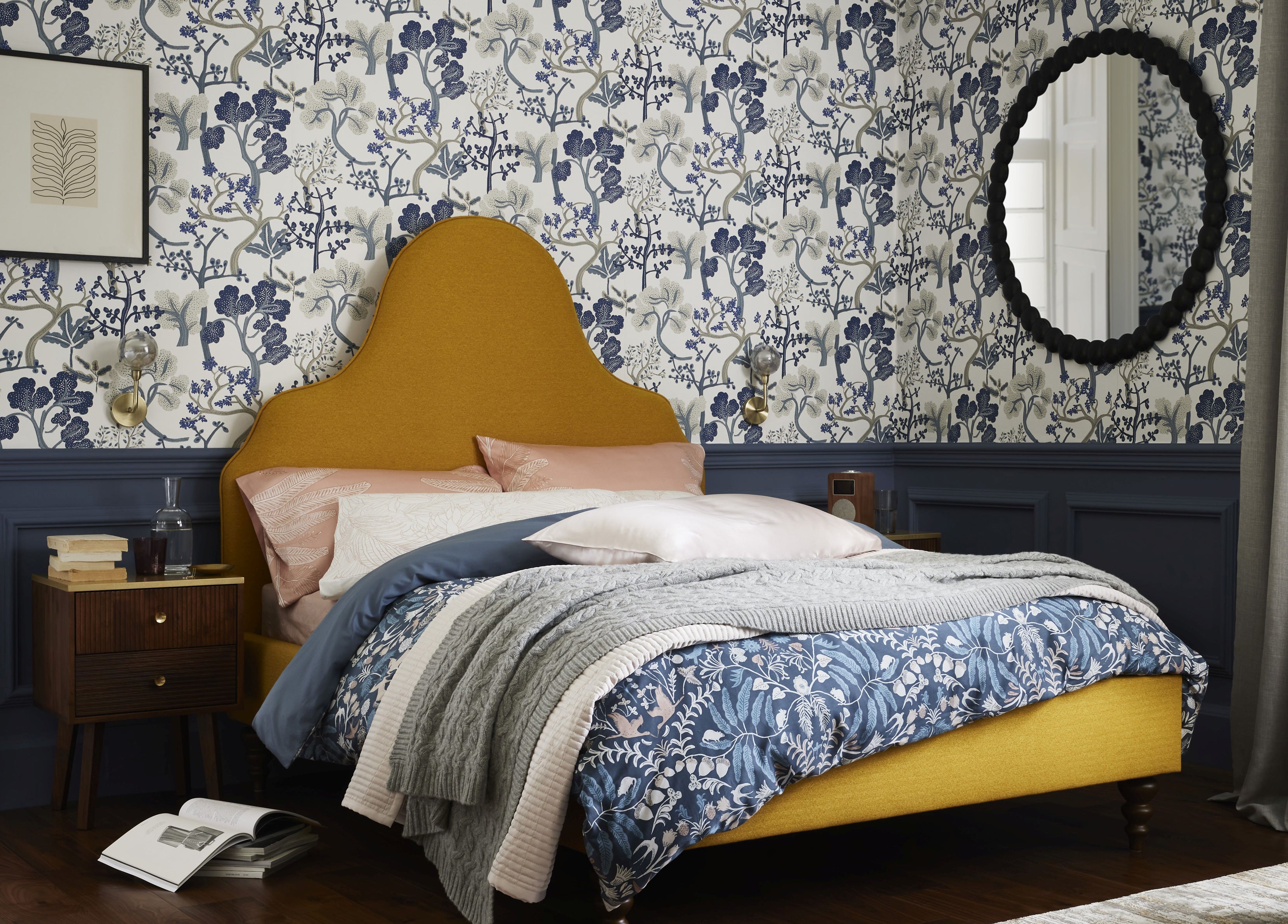 John Lewis Woodland Fable Duvet Cover Set, John Lewis & Partners Upholstered Bed Frame, Double, Saga Mustard, other items from a selection John Lewis (John Lewis/PA)